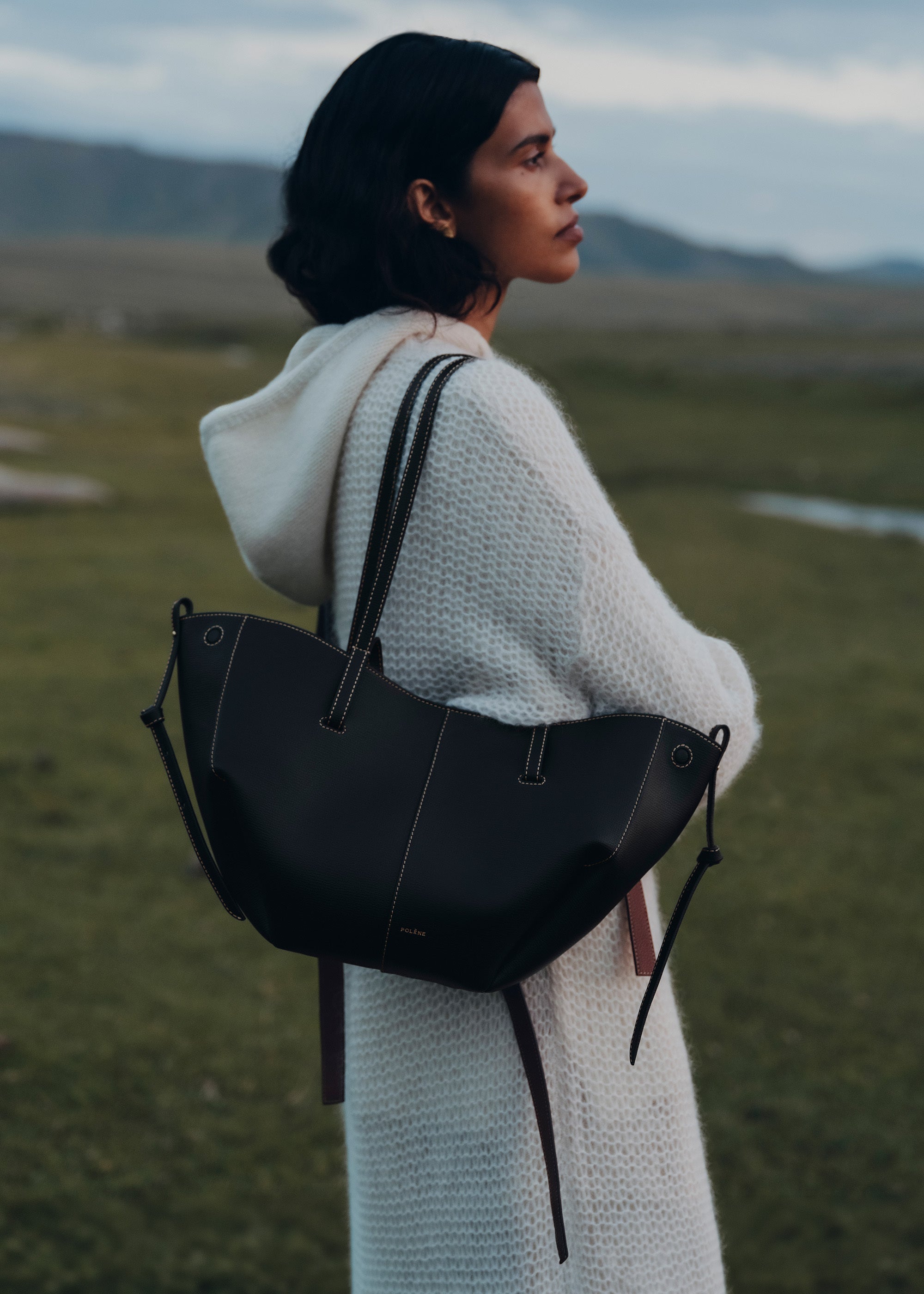 Polène | Bag - Cyme Mini - Textured Black with Ecru Stitching