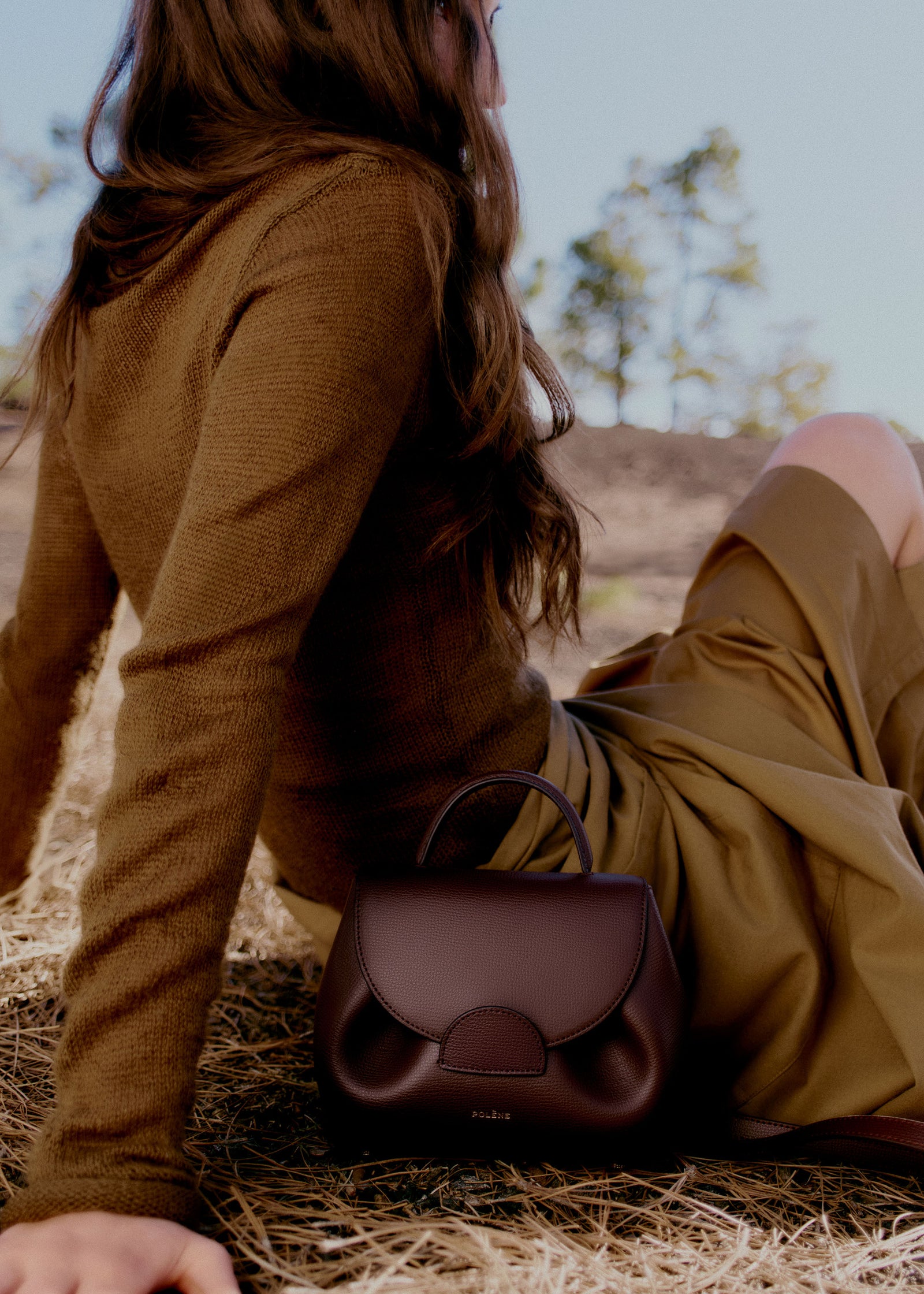 Polene Nano burgundy bag styled crossbody fall outfit