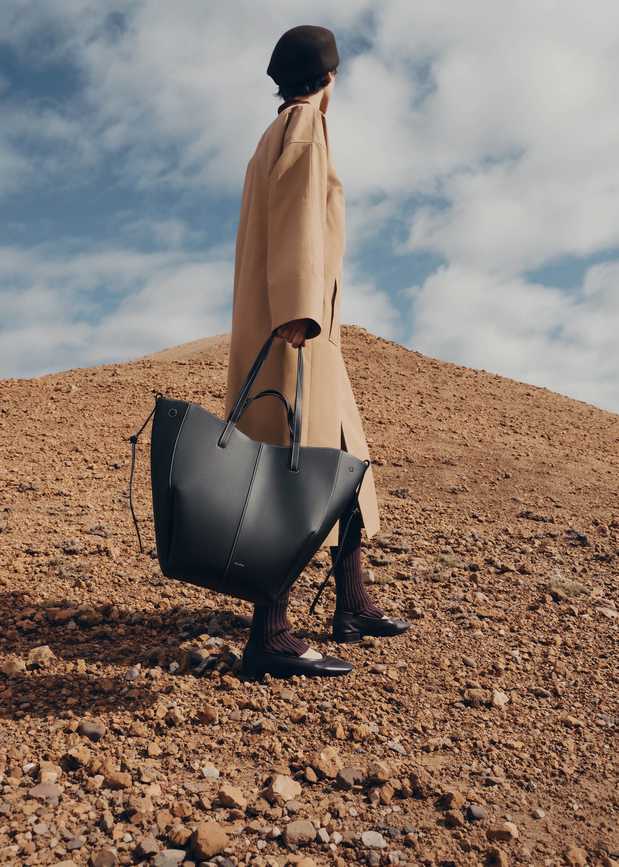 Polène | Bag - Cyme Tote - Textured Black with Ecru Stitching