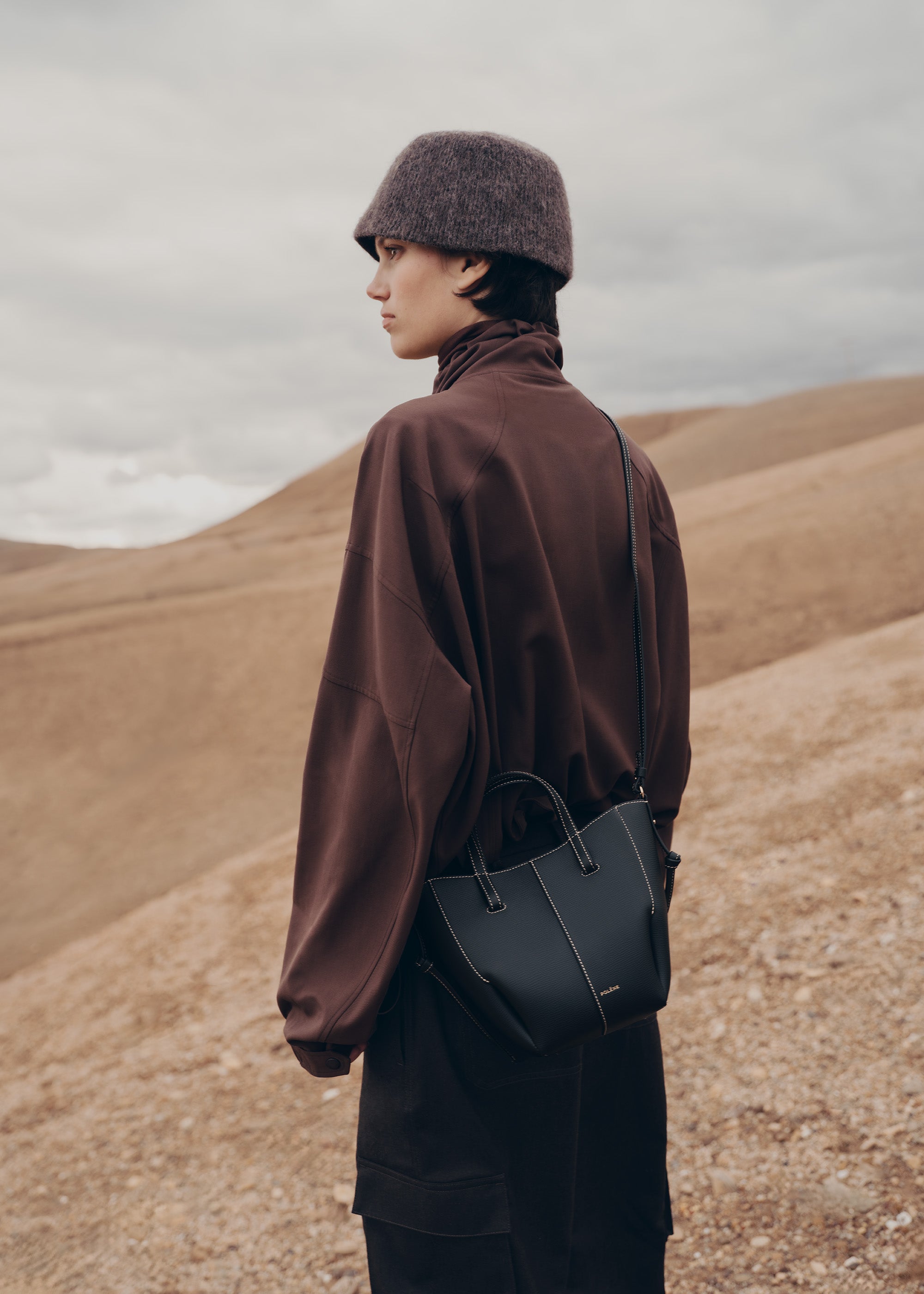 Polène | Bag - Cyme Tote Nano - Textured Black with Ecru Stitching