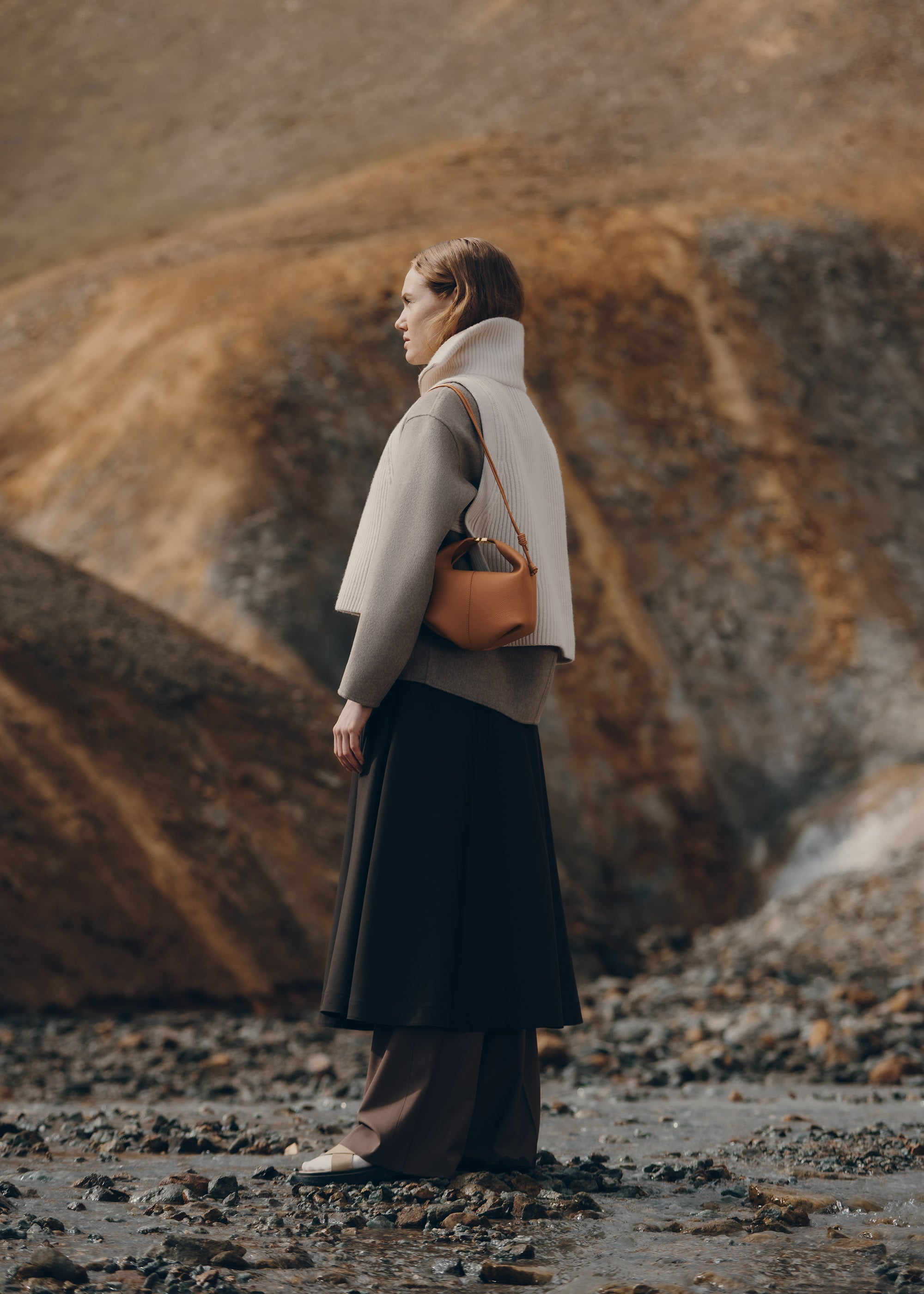 Polene Beri textured camel leather top-handle shoulder bag