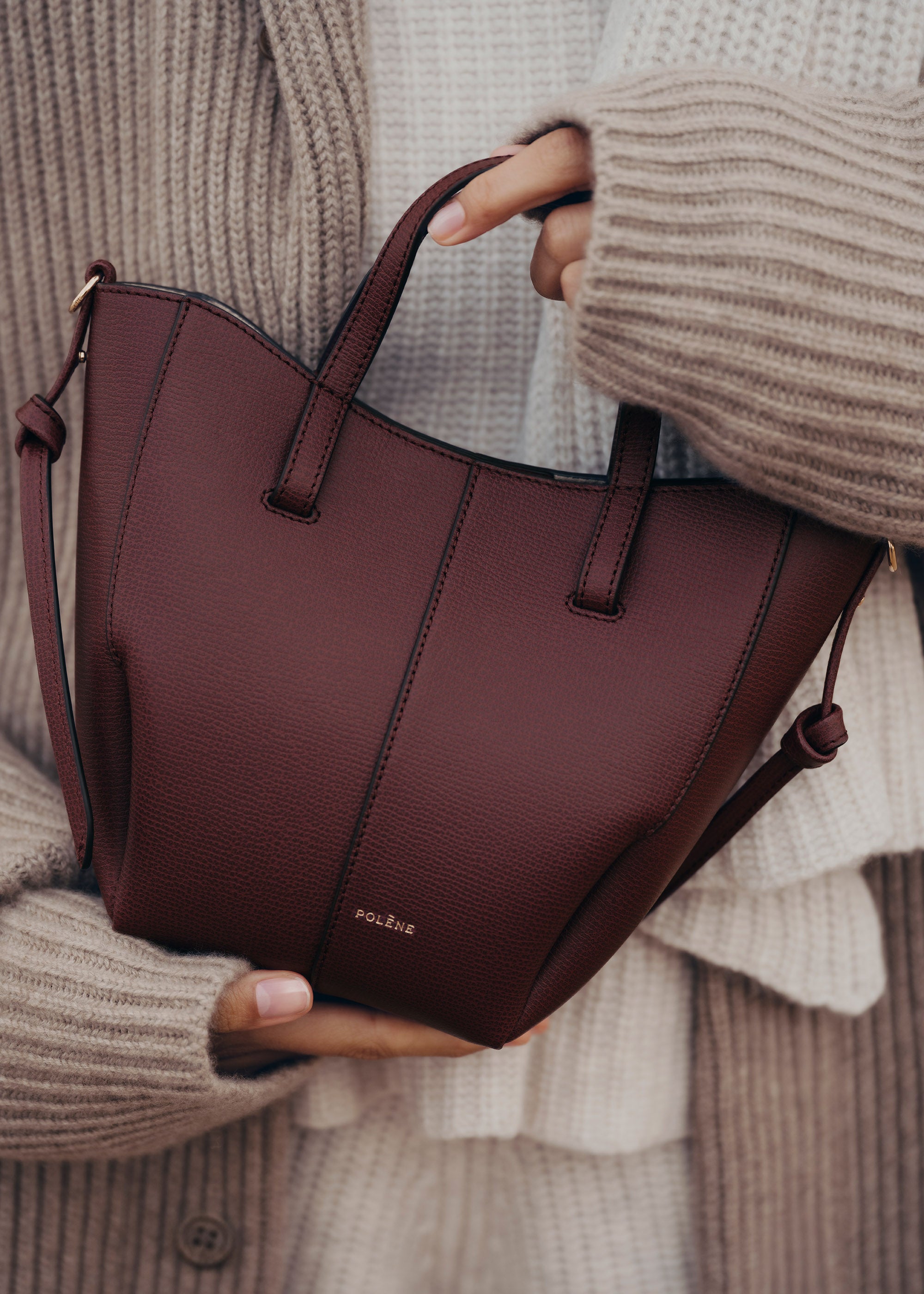 Polène | Bag - Cyme Tote Nano - Textured Black Cherry – Polène US