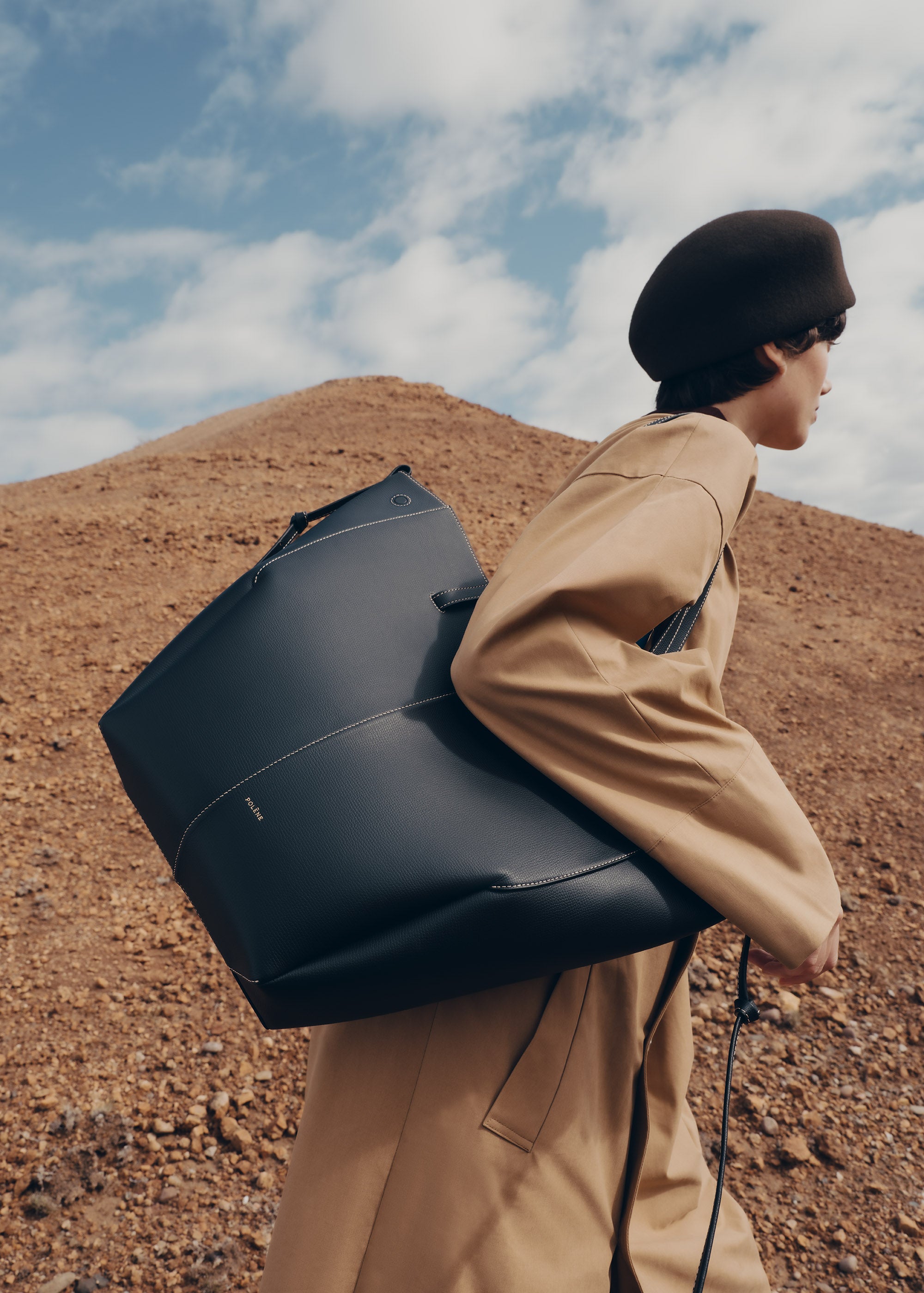 Polène | Bag - Cyme Tote - Textured Black with Ecru Stitching