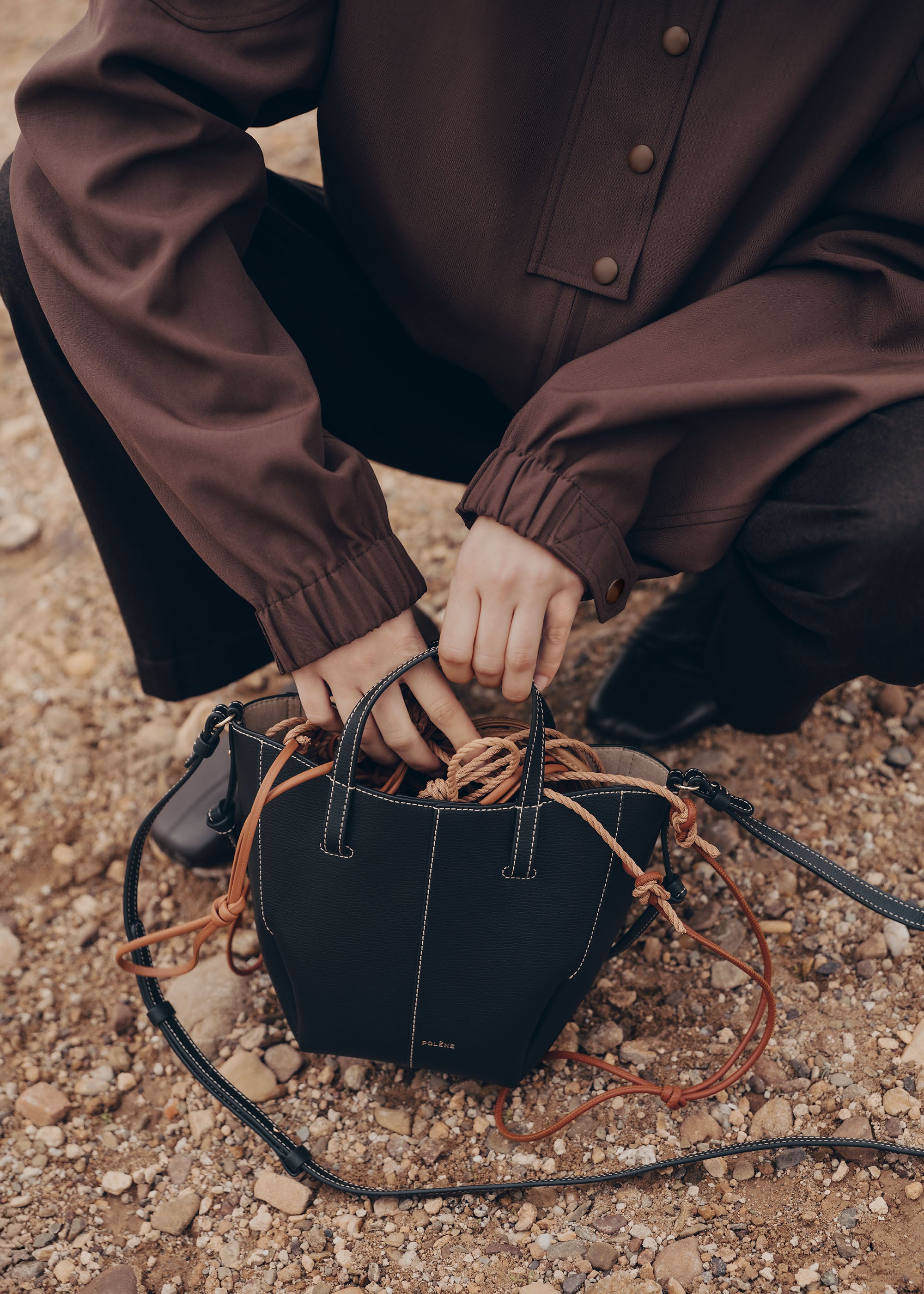 Polène | Bag - Cyme Tote Nano - Textured Black with Ecru Stitching