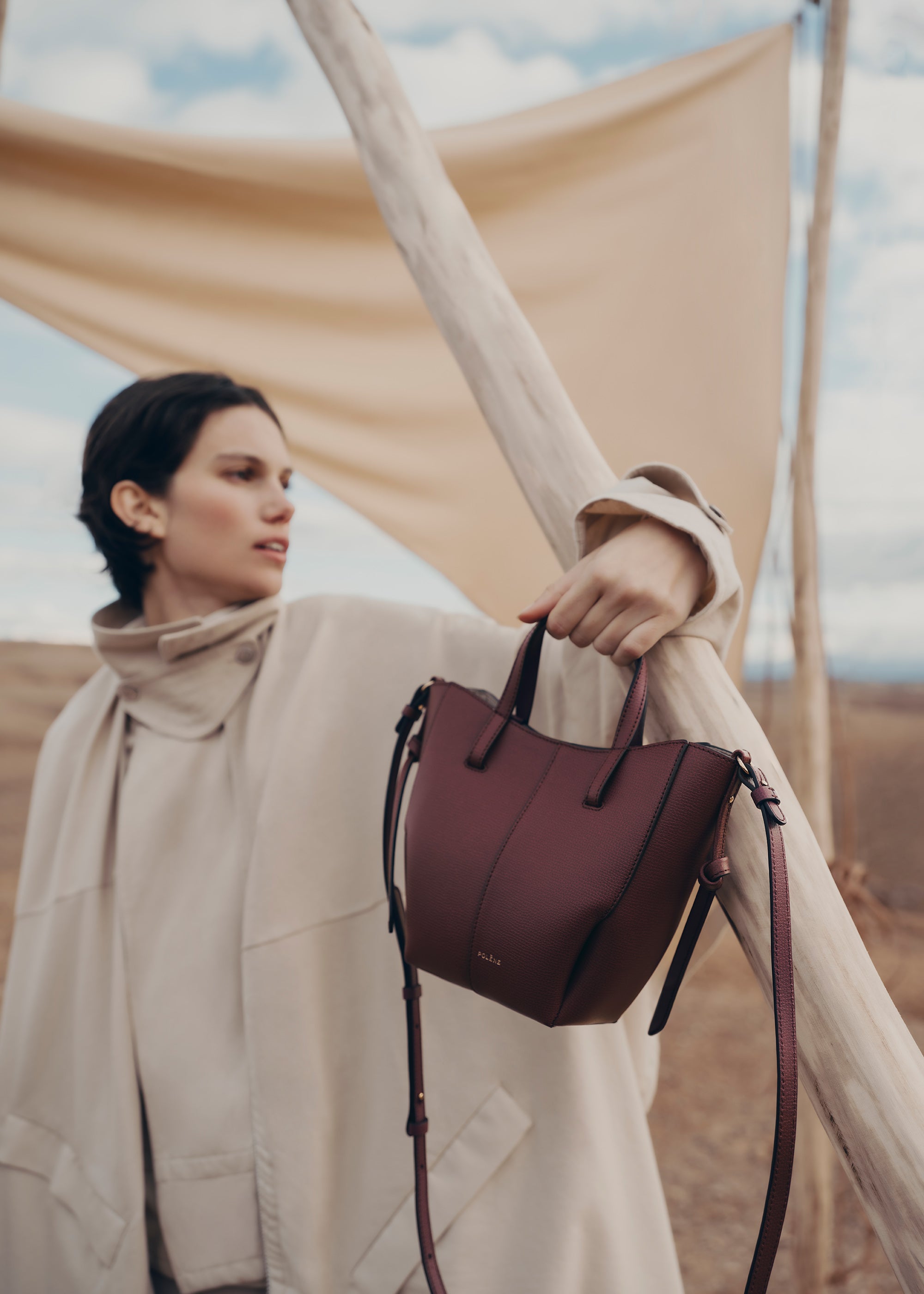 Polène | Bag - Cyme Tote Nano - Textured Black Cherry – Polène US