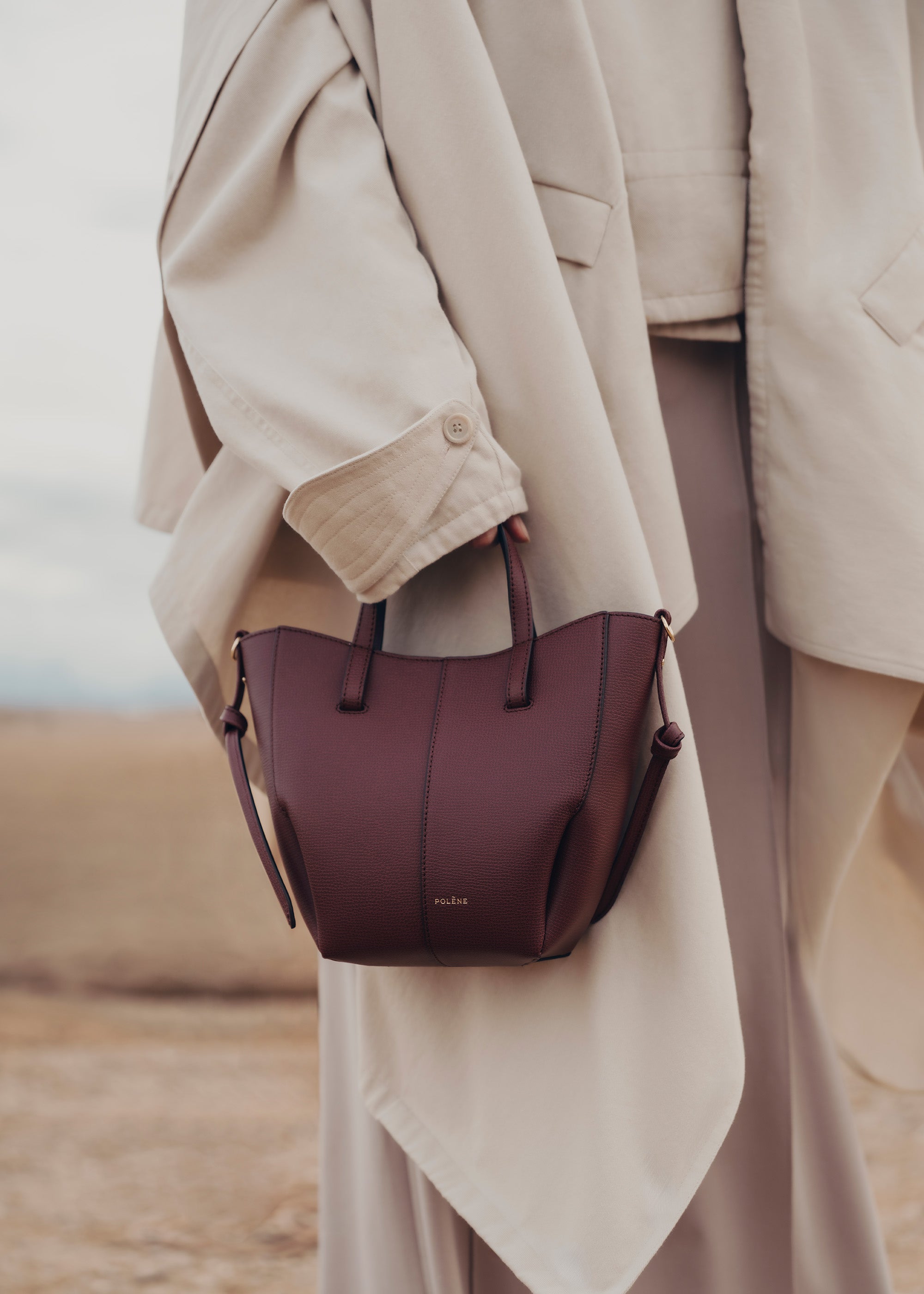 Polène | Bag - Cyme Tote Nano - Textured Black Cherry – Polène US