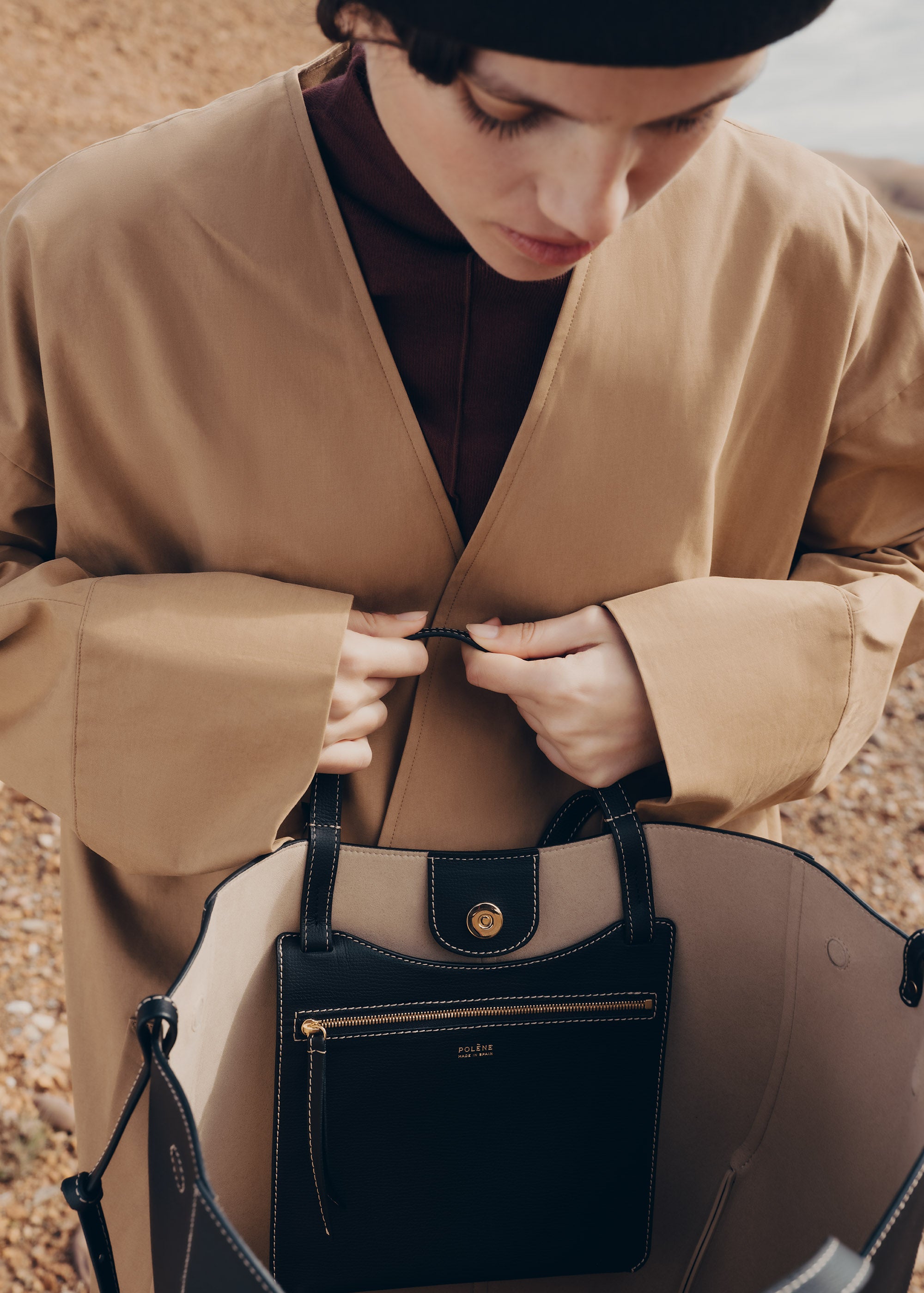 Polène | Bag - Cyme Tote - Textured Black with Ecru Stitching