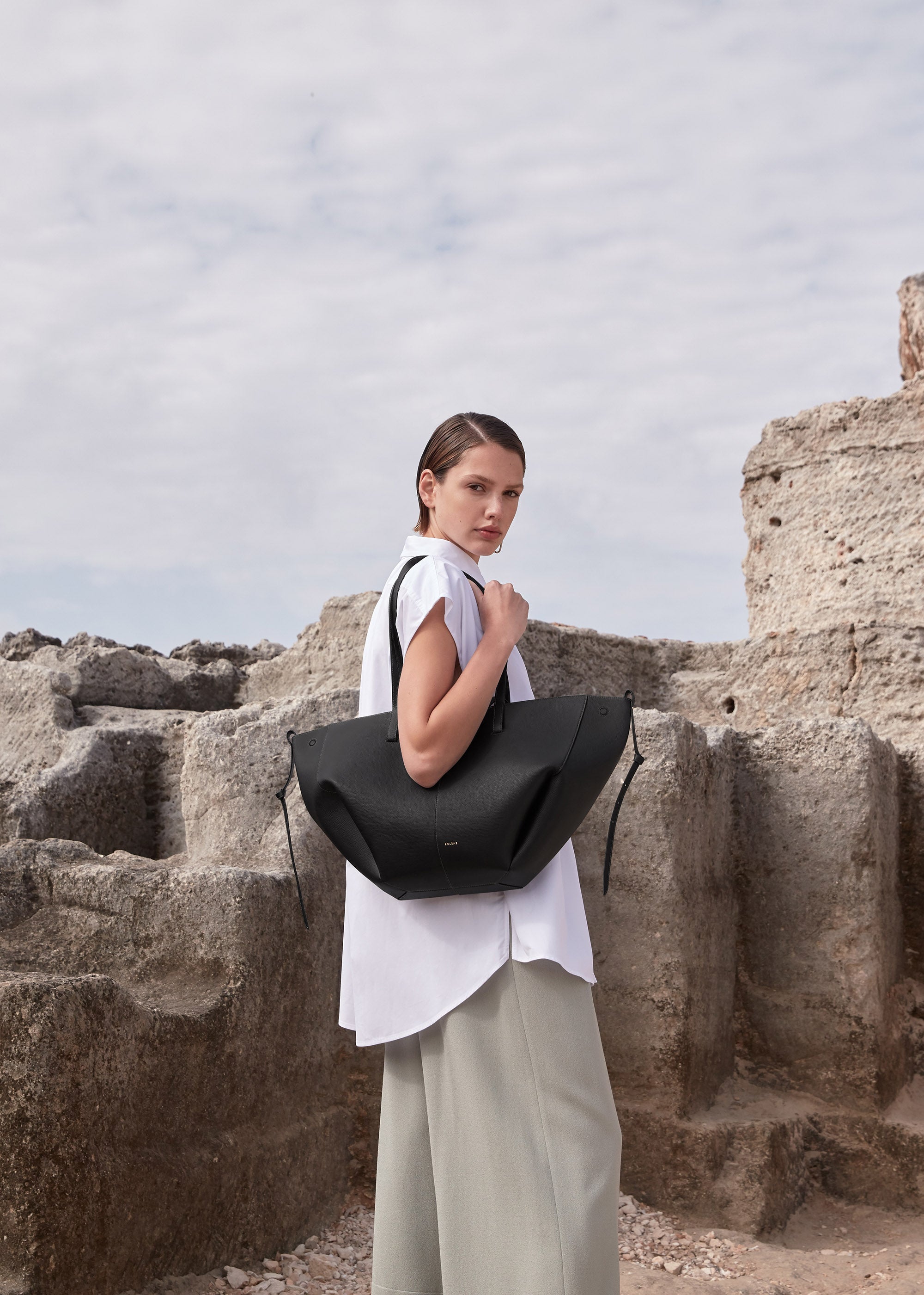 Audrey Handbag: Designer Satchel, White Leather/Black Stitch